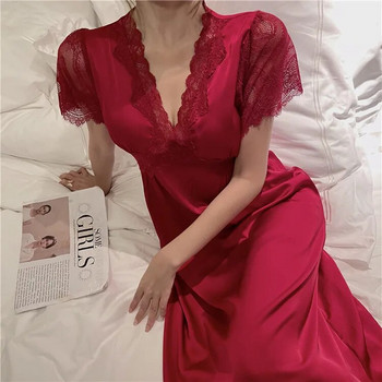Καλοκαιρινό σατινέ νυχτερινό φόρεμα Γυναικεία υπνοδωμάτια με σουτιέν Μακριά δαντέλα Νυχτικό Κοντό μανίκι Sleepdress Φαρδιά οικεία εσώρουχα νυχτικά