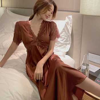 Καλοκαιρινό σατινέ νυχτερινό φόρεμα Γυναικεία υπνοδωμάτια με σουτιέν Μακριά δαντέλα Νυχτικό Κοντό μανίκι Sleepdress Φαρδιά οικεία εσώρουχα νυχτικά