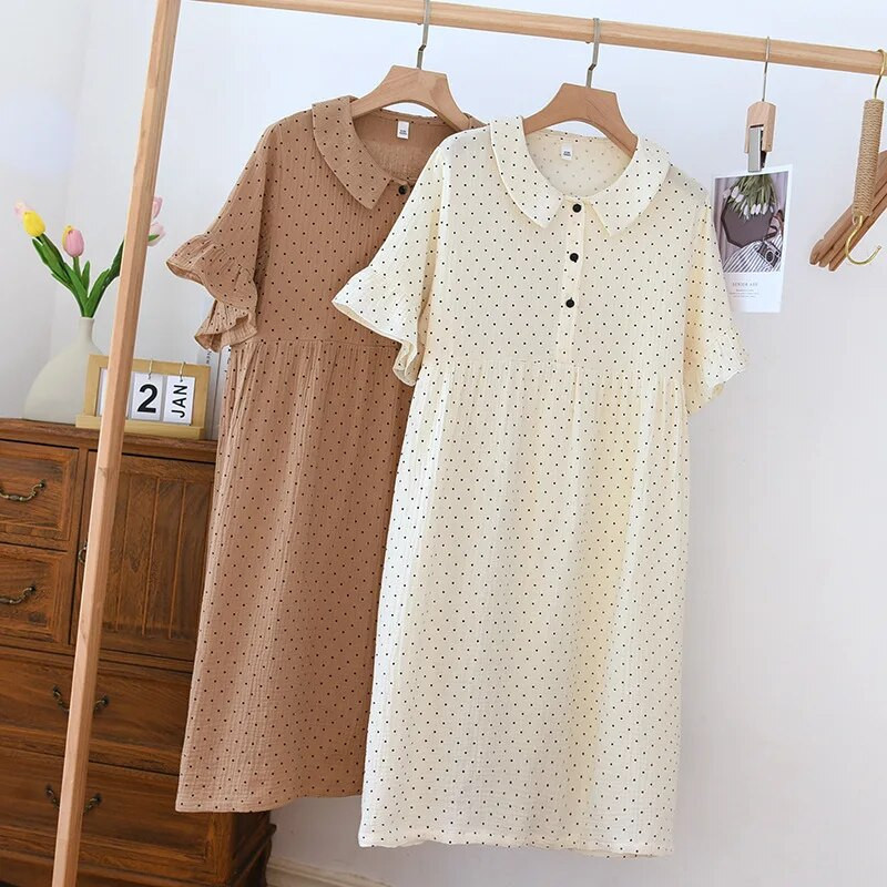 Lühikeste varrukatega pidžaama öökleit naistele suvine täppidega trükitud puuvillane magamiskott avar suur suvine pidžaama öösärk