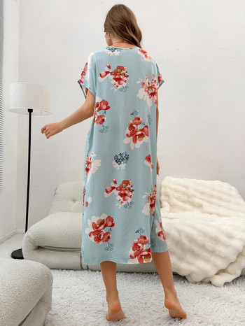 Καλοκαιρινό βαμβακερό βισκόζη Φαρδύ γυναικείο νυχτερινό φόρεμα με μακρύ στυλ με στάμπα λουλουδιών για το σπίτι Ρούχα γυναικεία νυχτικά