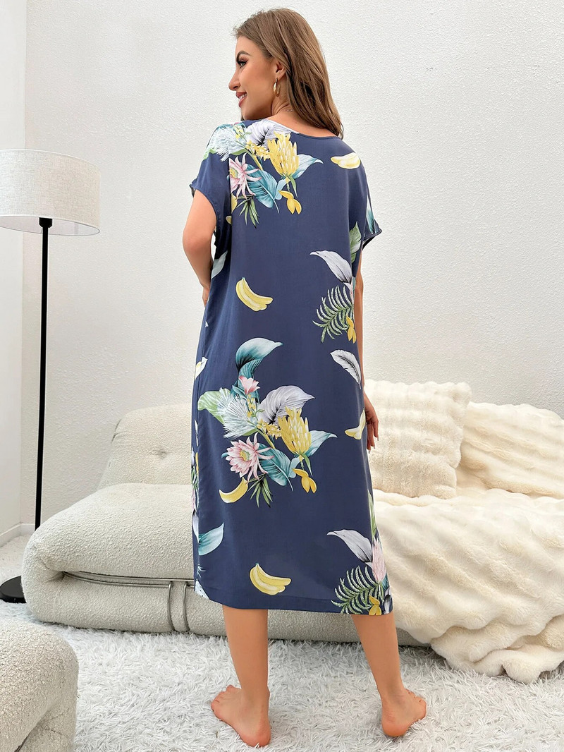 Vasarinės medvilnės viskozės laisvo stiliaus moteriška ilgo stiliaus naktinė suknelė su gėlių marginimu namuose Moteriški naktiniai drabužiai