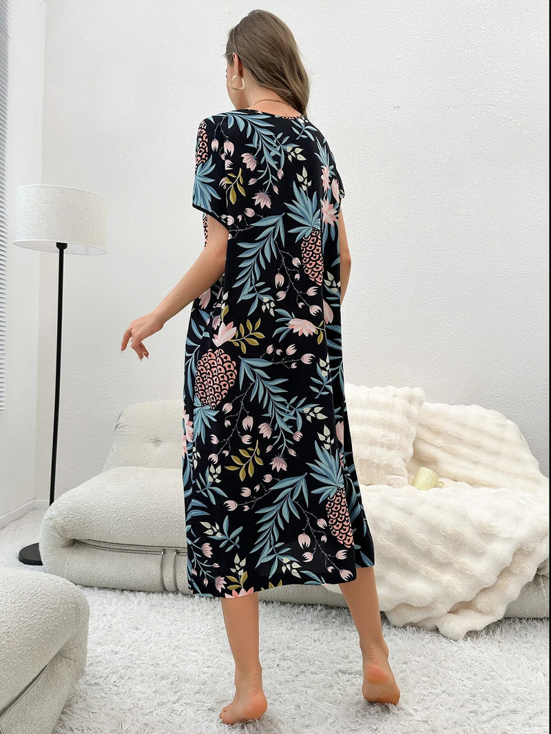 Vasarinės medvilnės viskozės laisvo stiliaus moteriška ilgo stiliaus naktinė suknelė su gėlių marginimu namuose Moteriški naktiniai drabužiai