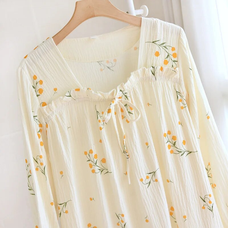 Pidžaama unekleit naistele kevadiseks ja sügiseks pikkade varrukatega puuvillase kandilise kaelusega avar ja armas pidžaama pikk kodukleit