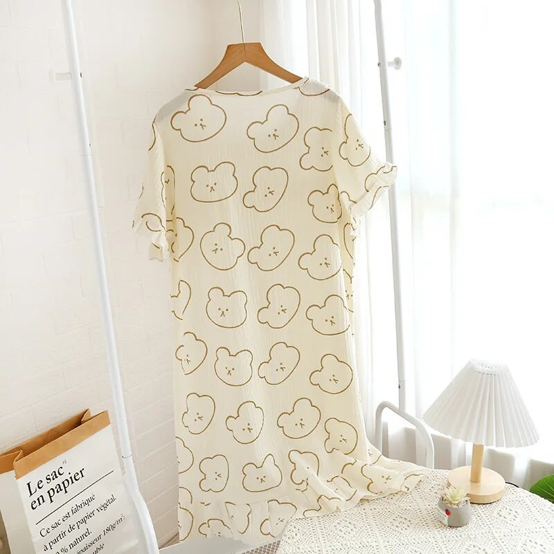 Mergaičių animacinių filmų spauda trumpomis rankovėmis pižamos suknelė pavasariui ir vasarai iš medvilnės plonos V formos iškirptės pižamos namuose vidutinio ilgio