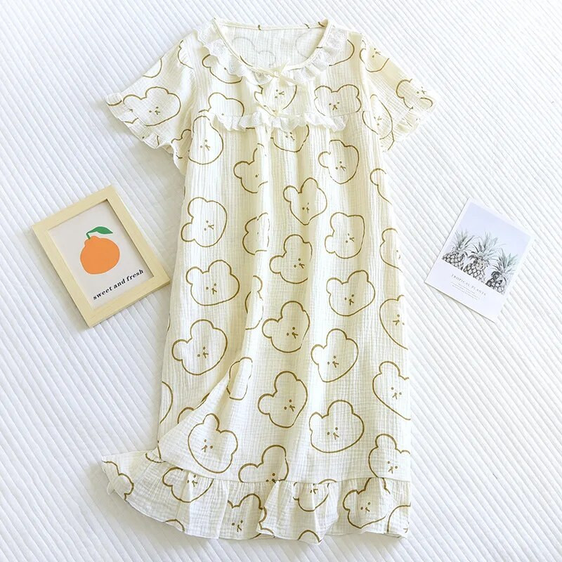 Mergaičių animacinių filmų spauda trumpomis rankovėmis pižamos suknelė pavasariui ir vasarai iš medvilnės plonos V formos iškirptės pižamos namuose vidutinio ilgio