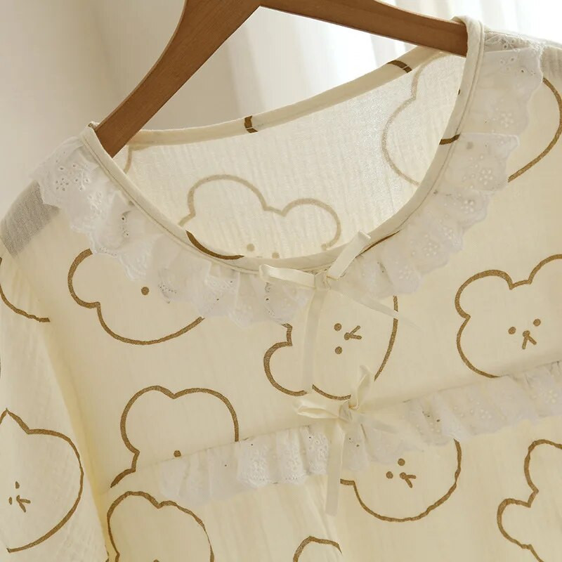 Mergaičių animacinių filmų spauda trumpomis rankovėmis pižamos suknelė pavasariui ir vasarai iš medvilnės plonos V formos iškirptės pižamos namuose vidutinio ilgio