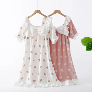 Βαμβακερό νυχτικό με εκτύπωση Small Heart Γυναικείο φόρεμα ύπνου αγάπης 2 χρωμάτων για καλοκαιρινό σπίτι χαλαρό μακρύ άνετο νυχτερινό φόρεμα