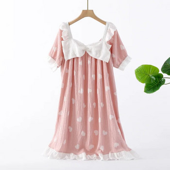 Βαμβακερό νυχτικό με εκτύπωση Small Heart Γυναικείο φόρεμα ύπνου αγάπης 2 χρωμάτων για καλοκαιρινό σπίτι χαλαρό μακρύ άνετο νυχτερινό φόρεμα