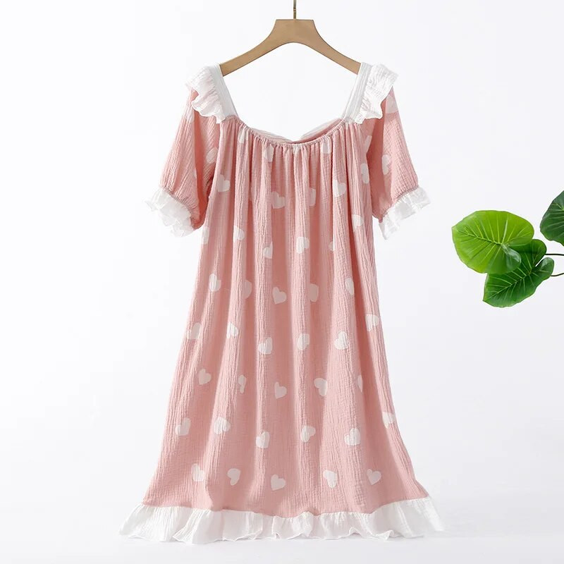 Puuvillane väikese südamega trükiga öösärk naiste 2-värviline armastuse magamiskott suvekoduks avar pikk, mugav öösärk