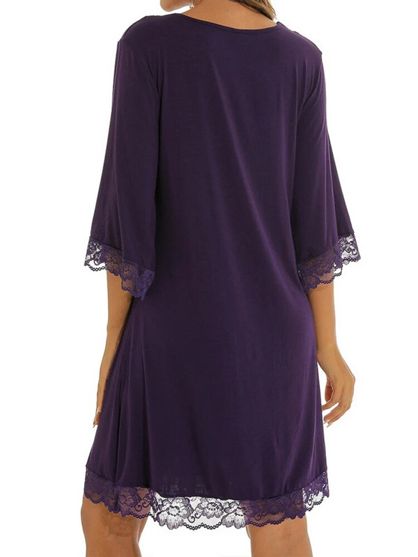 Jednobojna spavaćica s V izrezom do pola rukava Ženske spavaćice Seksi čipkana patchwork pamučna spavaćica Ženska spavaćica Ležerna haljina za spavanje