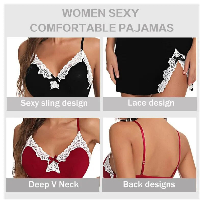 Σέξι Πυζά Γυναικεία Δαντέλα Μεταξωτό Σατέν Νυχτικό με σπαστό στρίφωμα Μαλακά Εσώρουχα Νυχτερινό Φόρεμα Αμάνικα Πυζά Γυναικεία Ρούχα