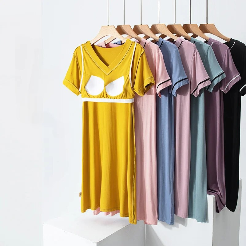 2023 m. naujausias Modalinis apatinis trikotažas, seksualus V formos iškirptė, spalva atitinkantis naktinis marškinys su krūtine paminkštintos pižamos, moteriškos vasarinės apatinio trikotažo suknelės