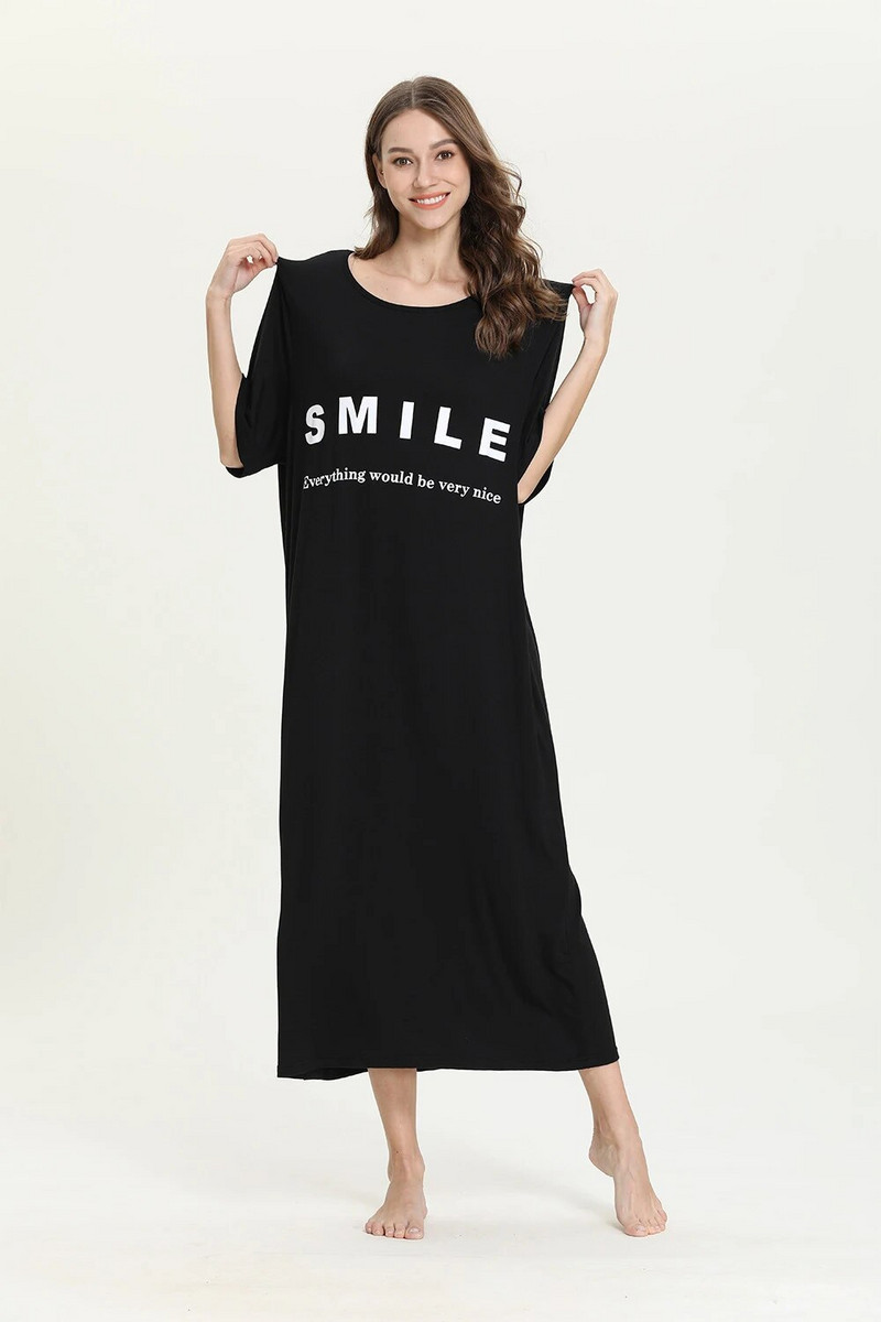 Suures suuruses Armas naeratus pikk öökleit naiste magamisriided hubane moodne lahtised lihtsad lühikeste varrukatega öösärgid naiste magamiskleit