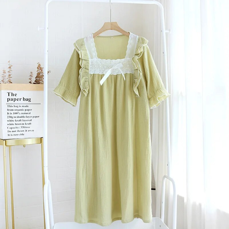 Vasaros nėrinių kraštas Mielas saldus naktinis marškinėliai trumpomis rankovėmis pižama medvilninė princesės stiliaus Chemise De Nuit Femme naktinė suknelė