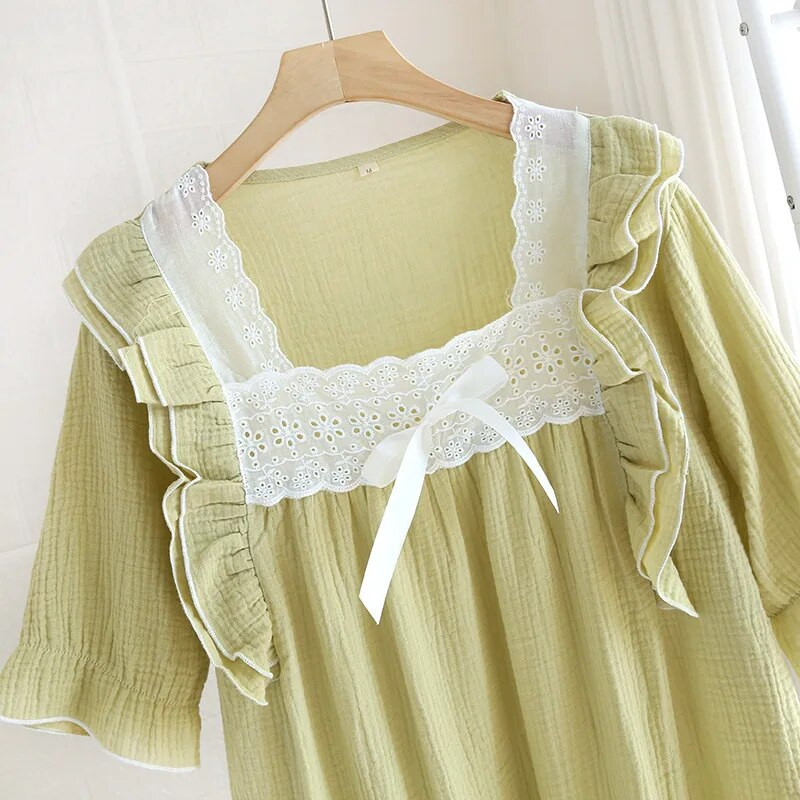 Vasaros nėrinių kraštas Mielas saldus naktinis marškinėliai trumpomis rankovėmis pižama medvilninė princesės stiliaus Chemise De Nuit Femme naktinė suknelė