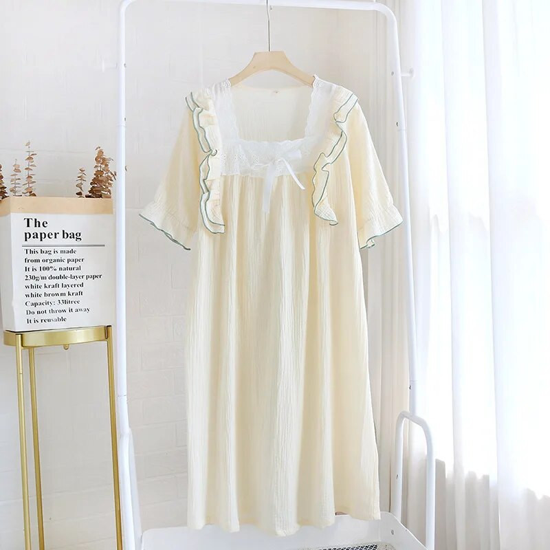 Vasaros nėrinių kraštas Mielas saldus naktinis marškinėliai trumpomis rankovėmis pižama medvilninė princesės stiliaus Chemise De Nuit Femme naktinė suknelė