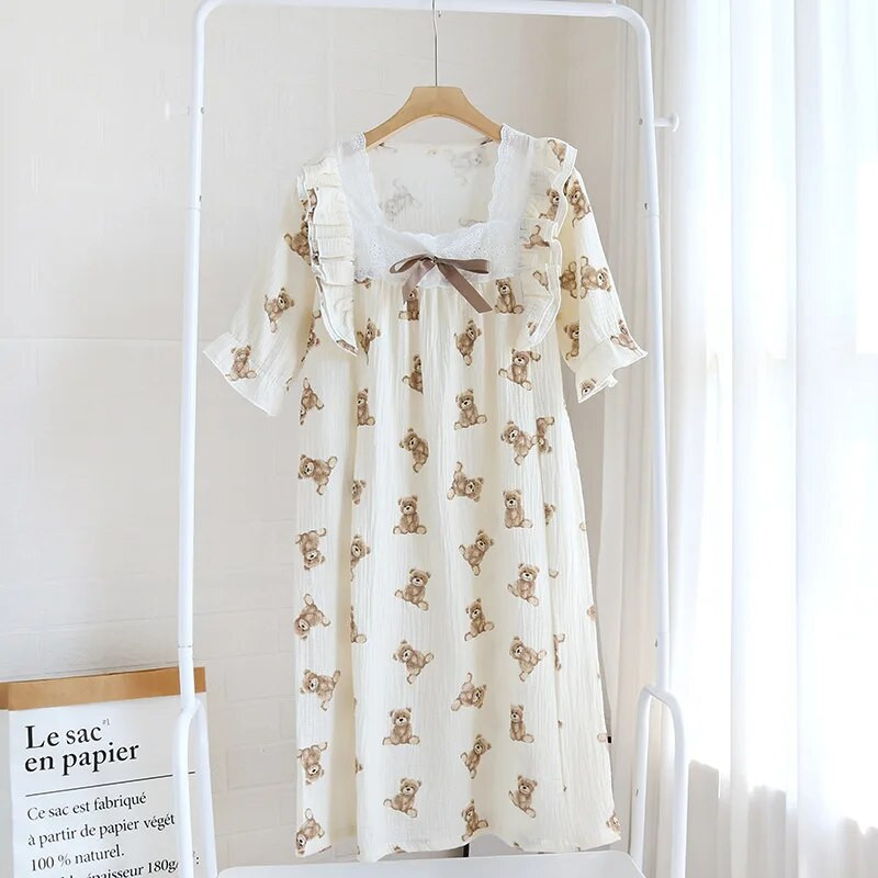 Vasaros nėrinių kraštas Mielas saldus naktinis marškinėliai trumpomis rankovėmis pižama medvilninė princesės stiliaus Chemise De Nuit Femme naktinė suknelė