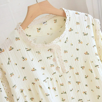 Дамска сладка памучна пижама със сладък флорален принт за пролетта и лятото, нощна рокля с дълги ръкави и кръгло деколте