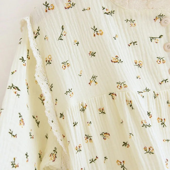 Дамска сладка памучна пижама със сладък флорален принт за пролетта и лятото, нощна рокля с дълги ръкави и кръгло деколте