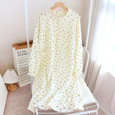 Moteriška miela gėlėmis marginta medvilnės pižamos suknelė pavasariui ir vasarai ilgomis rankovėmis nėriniuota naktinė suknelė apvaliu kaklu