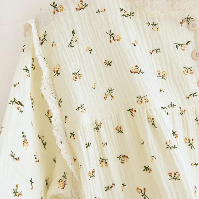 Moteriška miela gėlėmis marginta medvilnės pižamos suknelė pavasariui ir vasarai ilgomis rankovėmis nėriniuota naktinė suknelė apvaliu kaklu