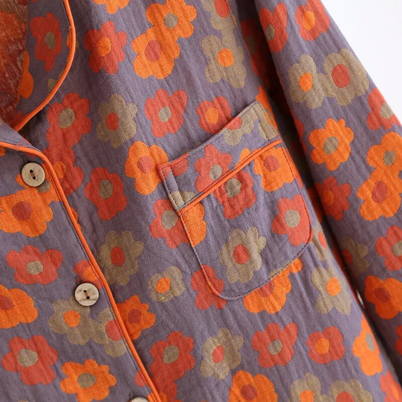 Vintažinis gėlėmis margintas moteriškas medvilninis naktinis ilgomis rankovėmis „Four Seasons“ plonas megztinis Namų naktinė suknelė Suknelė ilgomis rankovėmis sijonai