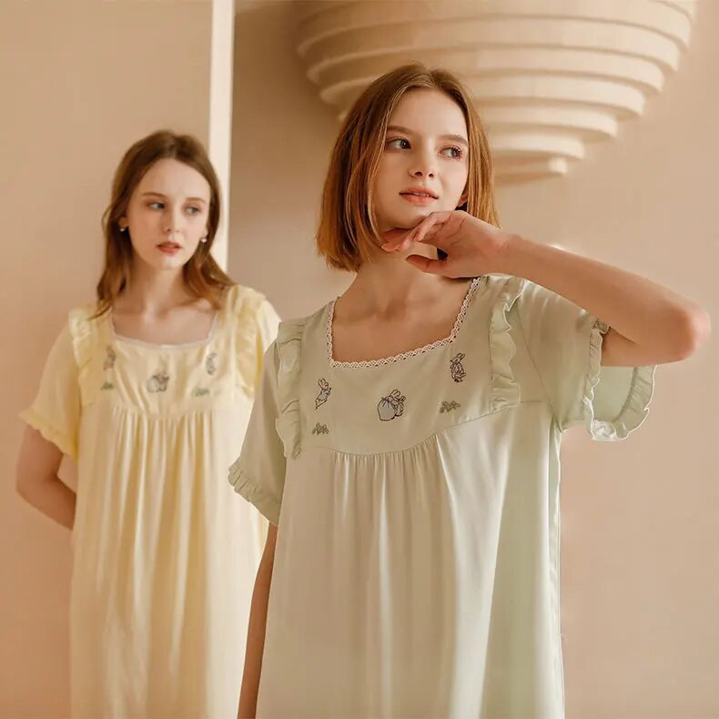 2023 m. naujausio raukinto dizaino pižamos naktiniai marškiniai moterims Vasariniai medvilnės viskozės mergaičių mielas saldus miegantis pižamos naktinis marškinys