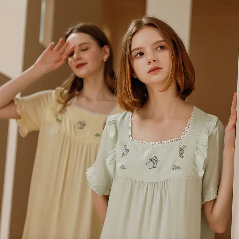 2023 m. naujausio raukinto dizaino pižamos naktiniai marškiniai moterims Vasariniai medvilnės viskozės mergaičių mielas saldus miegantis pižamos naktinis marškinys