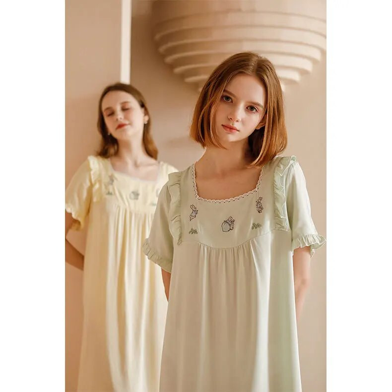 2023 m. naujausio raukinto dizaino pižamos naktiniai marškiniai moterims Vasariniai medvilnės viskozės mergaičių mielas saldus miegantis pižamos naktinis marškinys