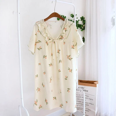 Madinga pižamų suknelė moterims, 2023 m. vasarai, naujausia medvilnės trumpomis rankovėmis plonomis V formos iškirpte marginta naktiniai marškiniai, suknelė namų drabužiai