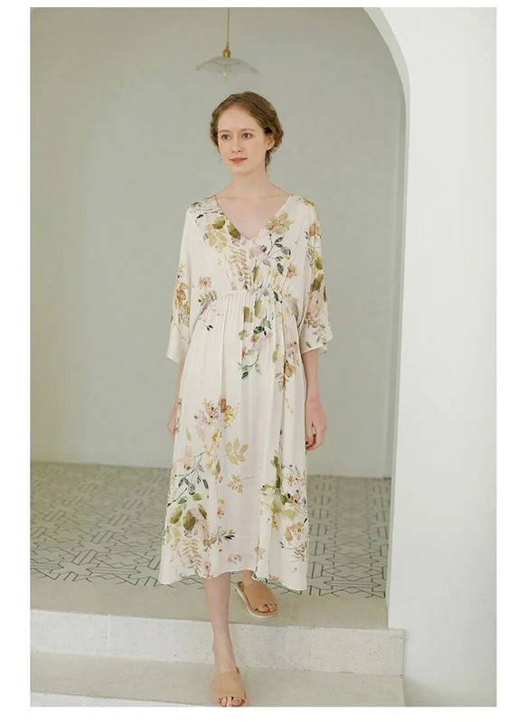 Vasaros moteriškas naktinis marškinys Seksuali V formos iškirptė Elegantiški lapeliai Spausdinti Moteriški miego drabužiai namuose Nešioti naktinė suknelė Moteriška miegui skirta naktinukai