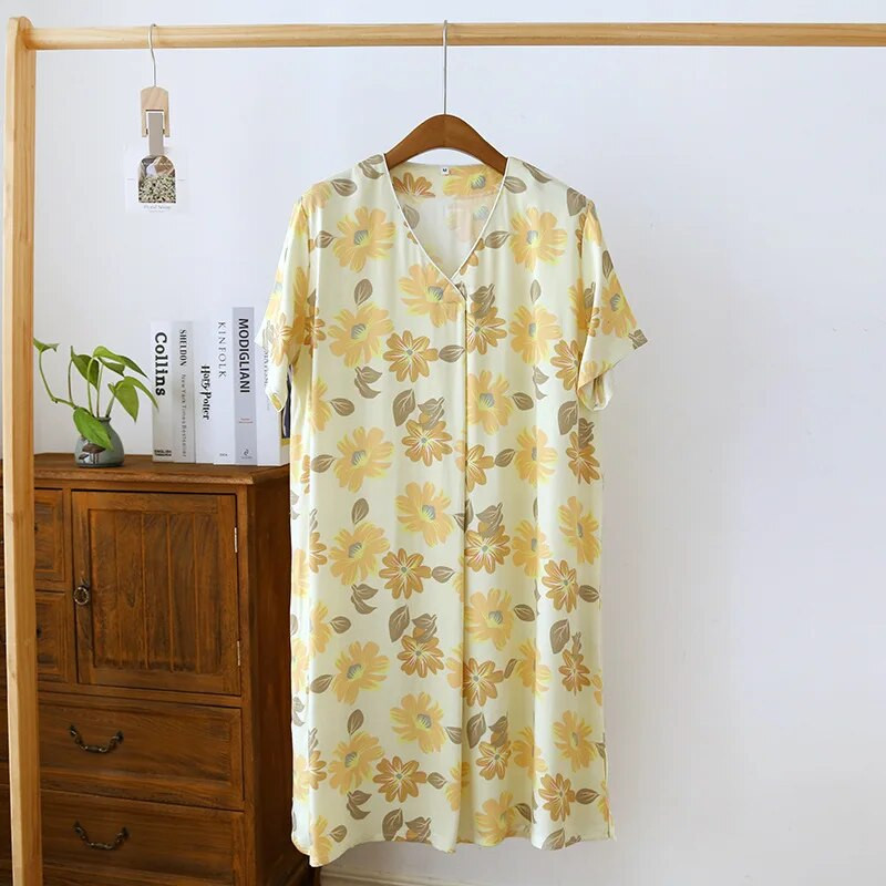 Pižamos miego suknelė Moteriška vasarinė plona laisvi trumpomis rankovėmis namų suknelė Moteriška pižama Vasariniai vėsūs medvilniniai naktiniai marškiniai