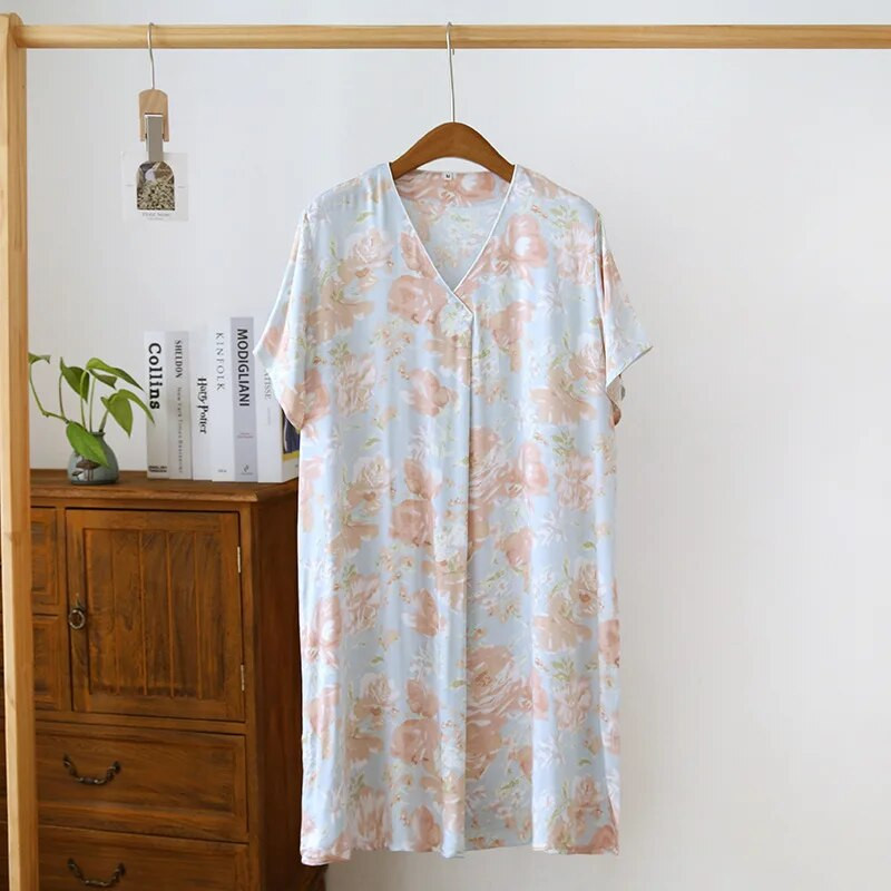 Pižamos miego suknelė Moteriška vasarinė plona laisvi trumpomis rankovėmis namų suknelė Moteriška pižama Vasariniai vėsūs medvilniniai naktiniai marškiniai