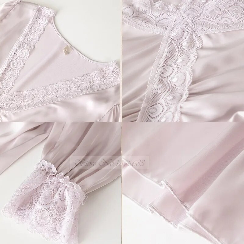 Moteriška ilga naktinė suknelė Seksualūs tuščiaviduriai nėriniuoti miegui skirti drabužiai rūmų stiliaus princesės naktiniai marškiniai Laisvalaikio satino poilsio drabužiai