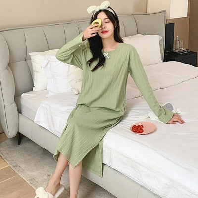 Pikkade varrukatega öösärgid Kleit Naiste avar ümara kaelusega magamisriided Kevad sügis Puuvillane vabaaja pidžaamad Soliidne Elegantne Pesu Rüü Pj