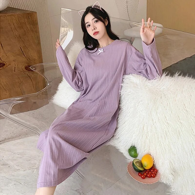 Pikkade varrukatega öösärgid Kleit Naiste avar ümara kaelusega magamisriided Kevad sügis Puuvillane vabaaja pidžaamad Soliidne Elegantne Pesu Rüü Pj