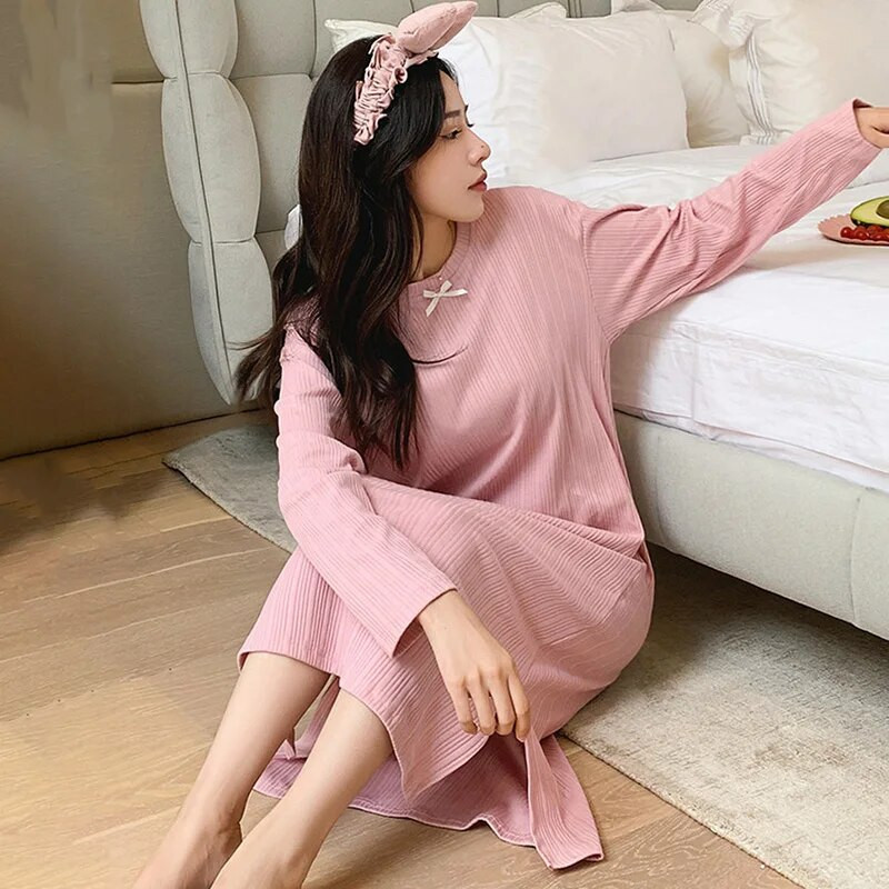 Pikkade varrukatega öösärgid Kleit Naiste avar ümara kaelusega magamisriided Kevad sügis Puuvillane vabaaja pidžaamad Soliidne Elegantne Pesu Rüü Pj