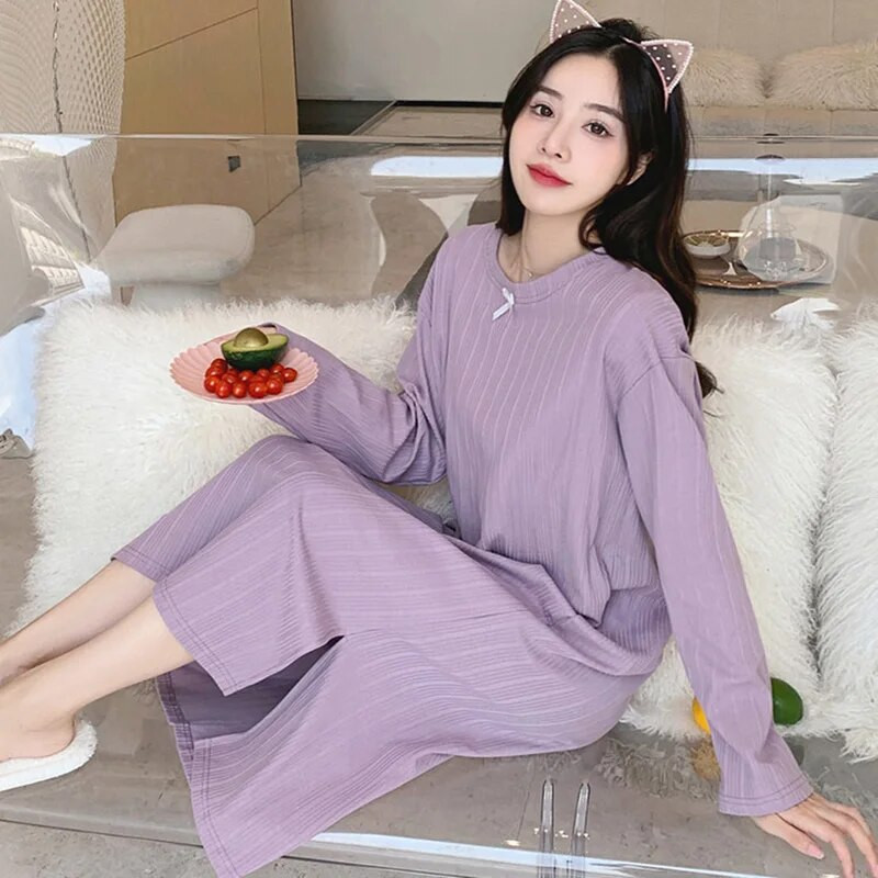 Pikkade varrukatega öösärgid Kleit Naiste avar ümara kaelusega magamisriided Kevad sügis Puuvillane vabaaja pidžaamad Soliidne Elegantne Pesu Rüü Pj