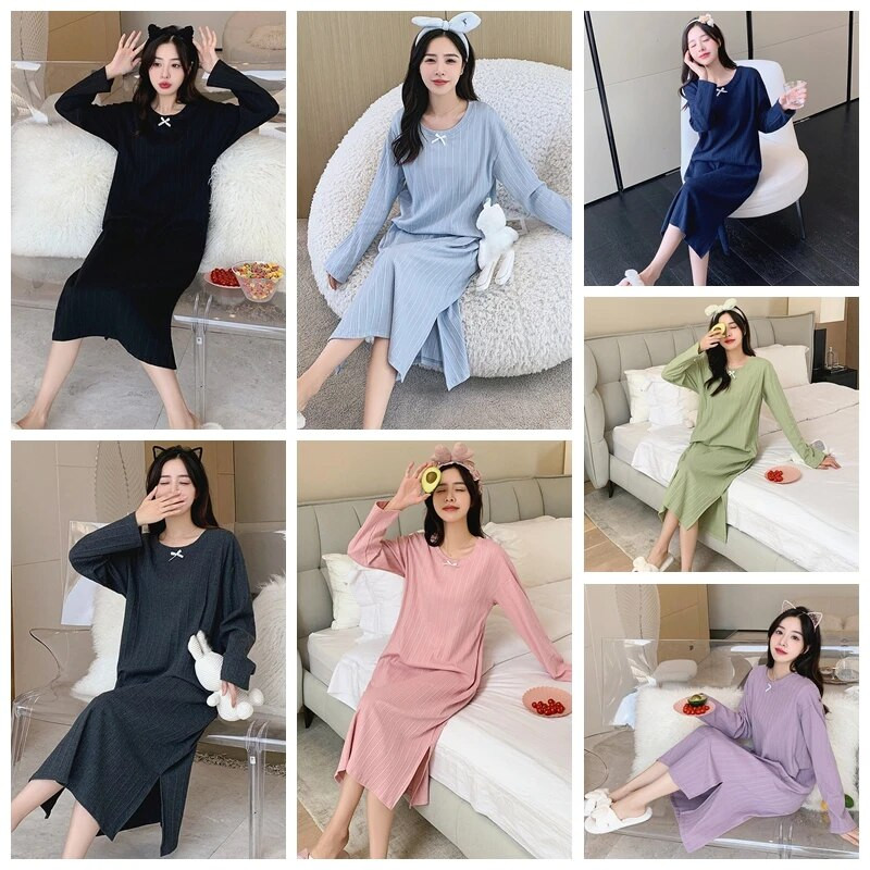 Pikkade varrukatega öösärgid Kleit Naiste avar ümara kaelusega magamisriided Kevad sügis Puuvillane vabaaja pidžaamad Soliidne Elegantne Pesu Rüü Pj