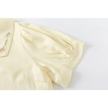 2023 Лятна жълта пижама с къс ръкав Нощна рокля Бродирана сладка сладка дамска памучна пижама с къс ръкав Спална рокля