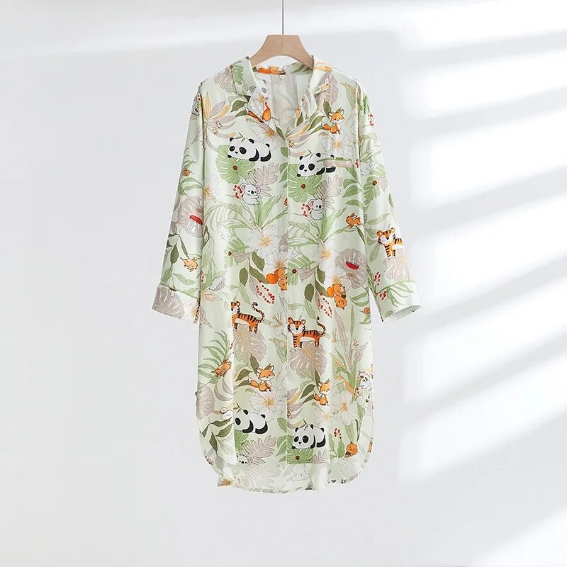 Daugiaspalviai marginti medvilniniai miegui skirti marškiniai Naktinis marškinys moteriškas rudeniui ir žiemai ilgomis rankovėmis namų marškiniai Naktinė suknelė