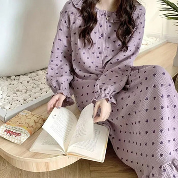 Home Print Style Γυναικεία μακρυμάνικη φθινοπωρινή νυχτικό με καρδιά Κορεατικά βολάν Φόρεμα One Wear Πυτζάμες με κουμπί Νυχτερινά