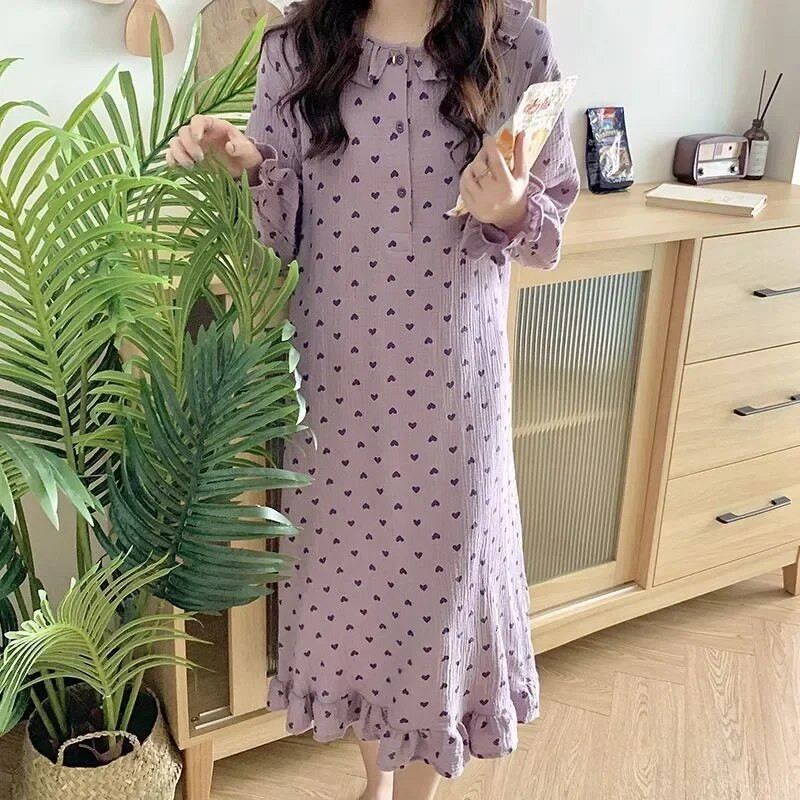 Pagrindinis puslapis Spausdinimo stilius Moteriški rudeniniai drabužiai ilgomis rankovėmis Širdies naktiniai korėjietiški raukiniai Suknelė Vieno dėvėjimo pižamos sagomis naktiniai miegui