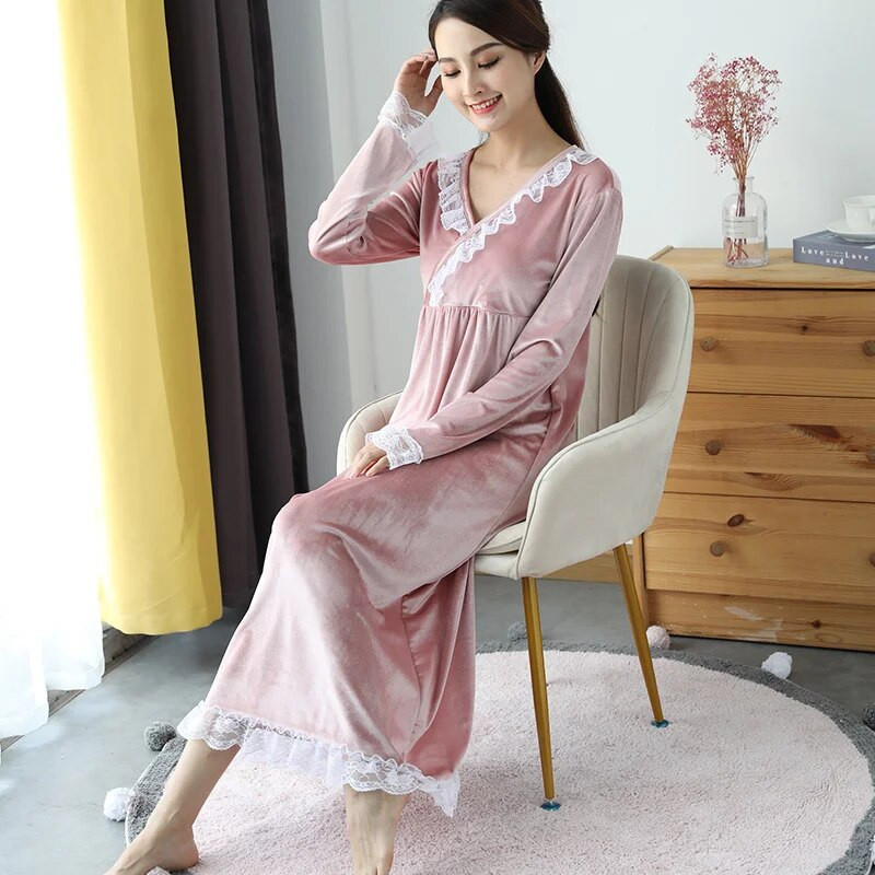 Kevadine öösärk naistele sametpits, pikkade varrukatega elegantsed öösärgid, sügisene daami öösärgid ööriided kodu hommikumantlid