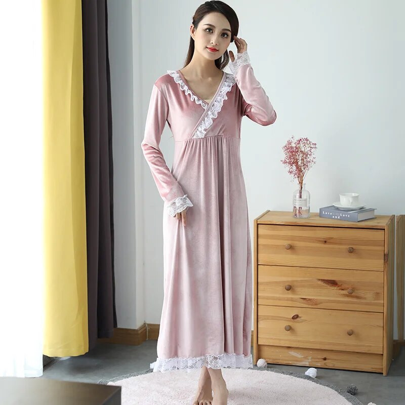 Kevadine öösärk naistele sametpits, pikkade varrukatega elegantsed öösärgid, sügisene daami öösärgid ööriided kodu hommikumantlid