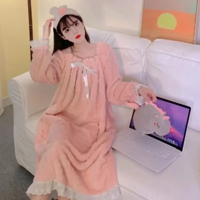 Naktiniai marškinėliai Ilgas naktinis lankelis Moteriški vilnoniai miegui skirti nėriniuoti dėvėti kvadratinėmis apykaklėmis rankovėmis žieminė pižama Namų suknelė solidi, šilta