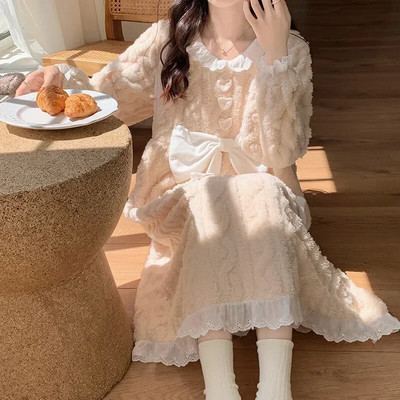 Naktiniai marškinėliai Ilgas naktinis lankelis Moteriški vilnoniai miegui skirti nėriniuoti dėvėti kvadratinėmis apykaklėmis rankovėmis žieminė pižama Namų suknelė solidi, šilta