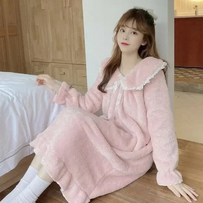 Naktiniai marškinėliai Ilgas naktinis lankelis Moteriški vilnoniai miegui skirti nėriniuoti dėvėti kvadratinėmis apykaklėmis rankovėmis žieminė pižama Namų suknelė solidi, šilta