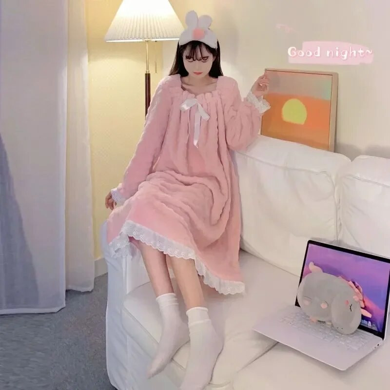 Naktiniai marškinėliai Ilgas naktinis lankelis Moteriški vilnoniai miegui skirti nėriniuoti dėvėti kvadratinėmis apykaklėmis rankovėmis žieminė pižama Namų suknelė solidi, šilta