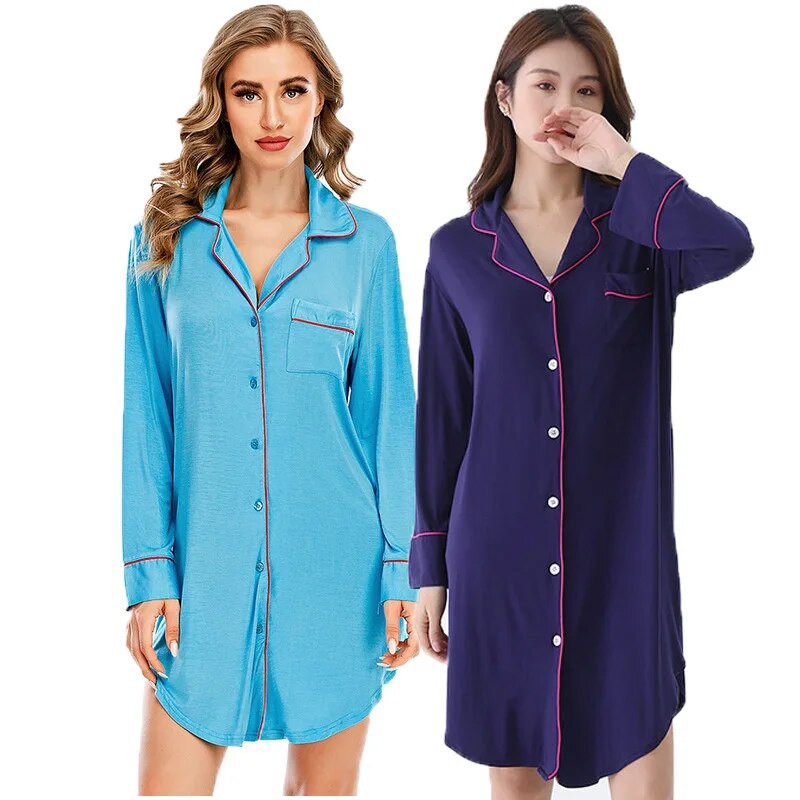 Modaliniai medvilniniai naktiniai marškinėliai Moteriški Seksualūs ilgomis rankovėmis naktiniai marškiniai Miegoti marškiniai Suknelė su sagutėmis Moteriški naktiniai marškinėliai miegui